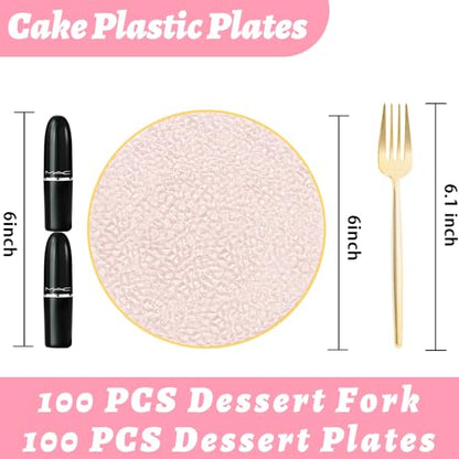 Rubtlamp 200Pcs Pink Plastic Dessert Plates with Gold Rim, 6inch Fancy Plastic Plates Include 100 Hammered Appetizer Plates and 100 Disposable Gold Forks for Party Teatime Birthday - color: Pink gold