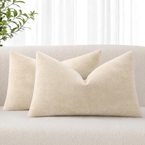 decorUhome Soft Chenille Beige Throw Pillow Covers 12X20 Set of 2 | Decorative Fall Couch Pillow Covers Solid Dyed Accent Modern Farmhouse Neutral Rectangle Pillow Cases for Sofa - color: Beige, size: 20" x 12" (Pack of 2)