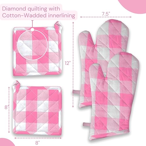 Buffalo Plaid Check Oven Mitts and Pot Holders Set, 100% Cotton, Heat Resistant, 2 Oven Gloves (7x13 Inches) and 2 Hot Pads (8x8 Inches) for Cooking and Baking, Rose Pink White - color: Rose Pink, Buffalo Plaid