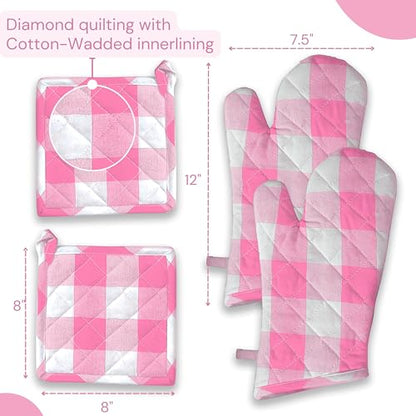 Buffalo Plaid Check Oven Mitts and Pot Holders Set, 100% Cotton, Heat Resistant, 2 Oven Gloves (7x13 Inches) and 2 Hot Pads (8x8 Inches) for Cooking and Baking, Rose Pink White - color: Rose Pink, Buffalo Plaid