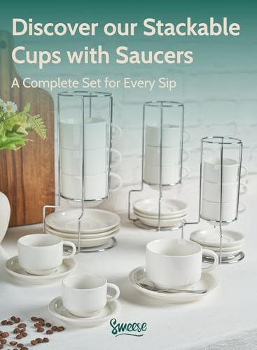 Sweese 2.5 Ounce Porcelain Stackable Espresso Cups with Saucers and Metal Stand Set of 4, White - color: White, size: 2.5 Ounces
