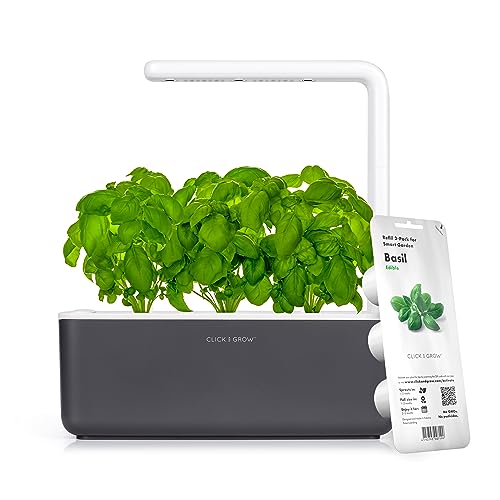Click & Grow Indoor Herb Garden Kit with Grow Light | Smart Garden for Home Kitchen Windowsill | Easier Than Hydroponics Growing System | Vegetable Gardening Starter (3 Basil Pods Included), Grey | Easier than a hydroponic growing system. Patented Smart S