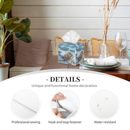 Shells Starfish on Beach Tissue Box Cover Square,Summer Ocean Shells Starfish Tissue Box Holder Waterproof Leather Facial Paper Organizer Dispenser for Bathroom Home Car Nightstand Vanity Desk - color: Color-14