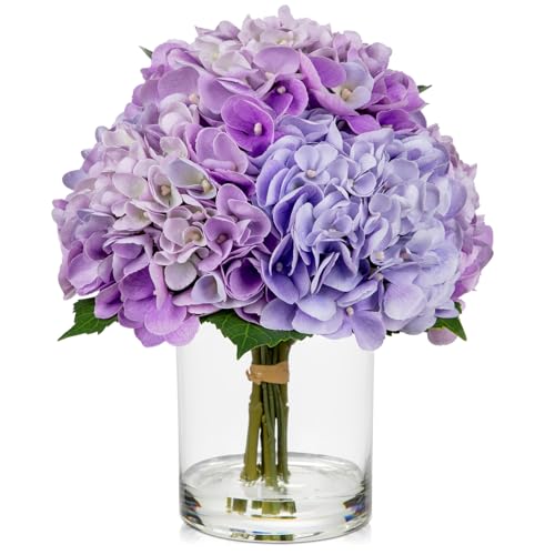 Hollyone Purple Hydrangea Artificial Flowers in Vase Latex Real Touch Large Faux Hydrangea Flowers Arrangements Hydrangeas Fake Flower with Glass Vase with Faux Water for Table Centerpiece Home Decor - color: Large - Purple