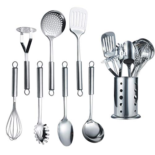 Berglander Cooking Utensil Set 8 Piece, Stainless Steel Kitchen Tool Set with Stand,Cooking Utensils, Slotted Tuner, Ladle, Skimmer, Serving Spoon, Pasta Server,Potato Maseher, Egg Whisk. （8 Pieces） - color: A. 8 Pieces