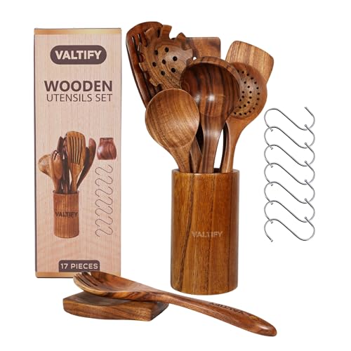 Kitchen Utensil Set | 17-Piece Wooden Cooking Utensils with Holder & Hooks | Teakwood Utensils Set for Cooking | Non Toxic Wooden Spoons | Spatulas & Kitchen Accessories