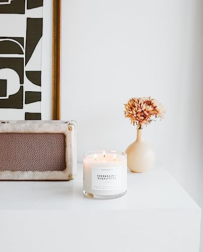 Evergreen & Eucalyptus 3 Wick Scented Candle - 43 Hour Burn | Made in the USA Luxury Clean Soy Wax Candles - Long Lasting Large Glass Jar Candle for Home - 3 Wicks - 14.9oz - color: Evergreen + Eucalyptus
