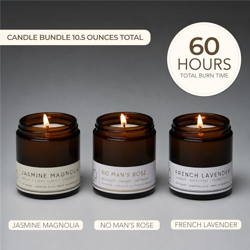 Floral Soy Candle Set - 3 Jasmine Scented Candles | 3.5 oz Each, 10.5 oz Total, Brown Glass Jars, Gold Tone Lids, Paraben Free, Phthalate Free, Aromatherapy Use