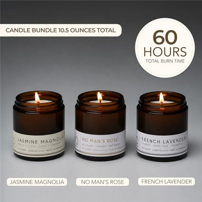 Floral Soy Candle Set - 3 Jasmine Scented Candles | 3.5 oz Each, 10.5 oz Total, Brown Glass Jars, Gold Tone Lids, Paraben Free, Phthalate Free, Aromatherapy Use