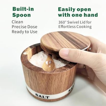 ThougrLyh Salt Cellar, Acacia Wood Salt Containers with Lid for Countertop | Built-in Spoon, Magnetic Swivel Lid, Luminous Engraved SALT Label Holder, 6oz Kitchen Salt Box for Sea Salt, Pepper & Spices - color: salt cellar