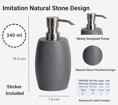 Clasin Home Sandstone Textured Resin Soap Dispenser with Metallic Pump and Waterproof Bottle Labels for Bathroom Kitchen Dish Hand Wash Shower Lotion Shampoo, 12 Oz, 2 Sets Gray - color: Dark Gray_2 Pcs