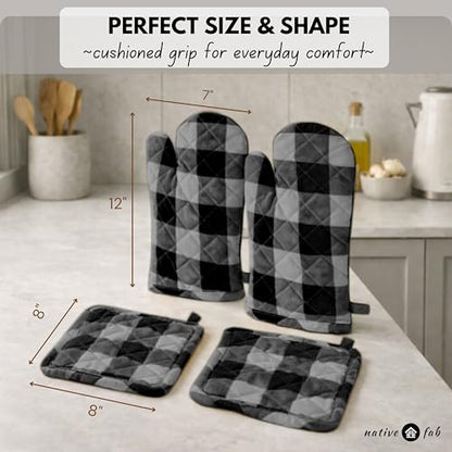 Native Fab Buffalo Plaid Check Oven Mitts and Pot Holders Set of 4, 100% Cotton Heat Resistant Kitchen Gloves, 2 Oven Mitts (7x13), 2 Pot Holders (8x8) for Cooking & Baking, Ash Grey Black - color: Buffalo, Light Grey & Black