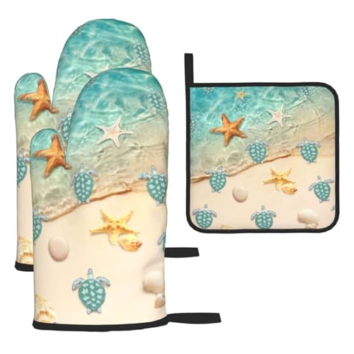 Sea Turtles Beach Oven Mitts and Pot Holders Sets of 3 Nautical Kitchen Decor Heat Resistant Hot Pads Teal Nautical Decorative Oven Gloves for Cooking Grilling Baking - color: Sea Turtles