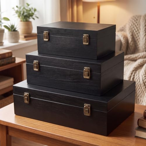 Sliner 3 Pcs Wooden Decorative Storage Boxes with Lids Vintage Wood Organizer Bins for Your Bookshelf Home Decor Safely Store Photos Documents Memory Jewelry Craft Storage (Glossy Black,S M L Size) - color: Glossy Black, size: S M L Size