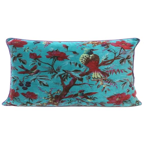Velvet Floral Flower Bird Throw Pillow Sofa Cushion Cover Case Couch Colorful Boho Chic Bohemian Accent Indian Handmade (Teal, 20" x 12") - color: Teal, size: 20" x 12" (Pack of 1)