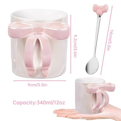 NiHome Cute Pink Bow Handle Ceramic Coffee Mug 12oz, Electroplated Shimmering Starry Finish, High-Temperature Fired, Girly Aesthetic Cup for Women, Home Office Travel, Pink - color: Pink, size: 12 Ounces
