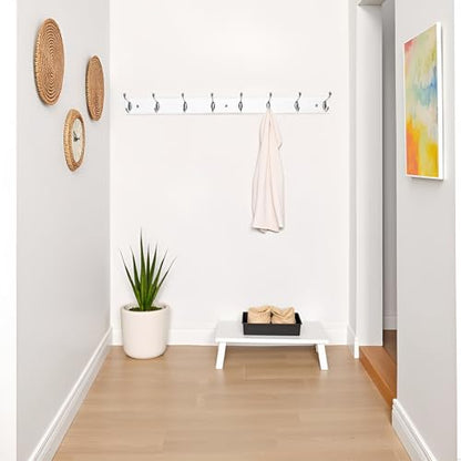 Wooden Wall Mounted Coat Rack 35 inch (90cm) with 8 Silver Hooks, Lang Wood White Coat Hook for Entrance, Hallway, Bedroom, Wall Clothes Hanger - size: Long-35.4in(90cm),8 Silver Hooks, style: Modern