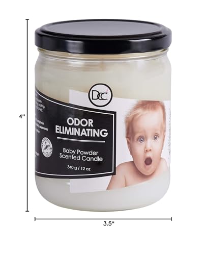 Baby Powder Odor Eliminating Highly Fragranced Candle - Eliminates 95% of Pet, Smoke, Food, and Other Smells Quickly - Up to 80 Hour Burn time - 12 Ounce Premium Soy Blend - color: Baby Powder
