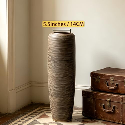 Brown Rustic Ceramic Floor Vase, 24 Inch, Ribbed Texture | Living Room, Entryway, Fireplace, Pampas Grass, Dried Branches - size: 23.6 Inch