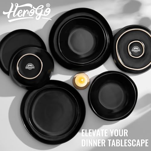 Herogo 12Pcs Plates and Bowls Set for 4, Irregular Handmade Stoneware Dinnerware, Crack and Scratch Resistant, Microwave & Dishwasher Safe, Reactive Glaze, Artistic Rustic Tableware, Matte Black - color: Matte Black, size: 4 Set (12pcs)
