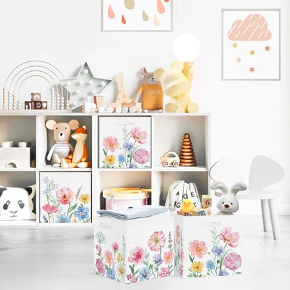 Clastyle 11.8" Flower Storage Basket Set of 3 for Kid Women Toy Clothes Bin | Collapsible Fabric Book Bin, Metal Frame Bottom Board, Cube Organizer, Closet Nursery Pantry Shelf Bedroom, Watercolour - color: Watercolour