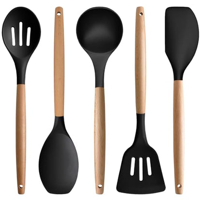 Silicone Cooking Utensils Set of 5, Heat Resistant Silicone Kitchen Utensils Set with Wooden Handle, BPA Free Spatula Spoon Turner Ladle Cooking Kitchen Gadgets for Nonstick Cookware & Baking - color: Black, size: Standard 5-Piece Set