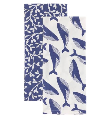 Boston International Dish Towel Set of Two Cotton Tea Towels, 28" x 18", Navy Whale - color: Navy Whale