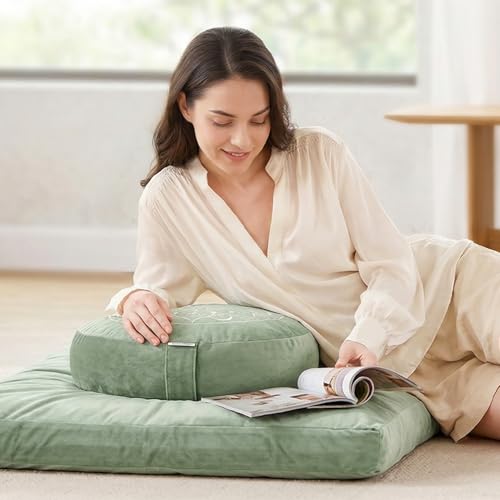 Hihealer Meditation Cushion, Traditional Tibetan Meditation Pillow Velvet Cover - Large Floor Cushion Seating for Adults - Yoga Buckwheat Bolster for Women、Moms - color: Serenity Green(set)