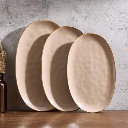 famiware Serving Platter, Oval 15.59/14.3/12.9 inch Serving Dishes for Entertaining, Serving Bowls, Microwave Safe, Stonware Serving Trays for Party, Turkey, Cheese, Ocean Series, Cinnamon Brown - color: Cinnamon Brown
