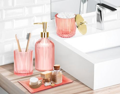 Haturi Bathroom Accessories Set, 4 Pcs Pink Glass Bathroom Accessories Sets Complete w/Lotion Soap Dispenser, Toothbrush Holder, Apothecary Jar, Vanity Tray, Bathroom Decor, Gift for Home Apartment | Kit w/ Bathroom Soap Dispenser Set, Toothbrush Holder,