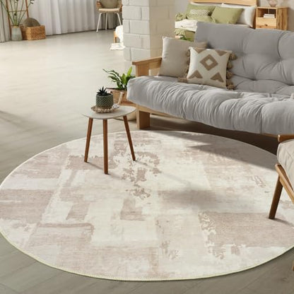 GLN Rugs Bohemian - Troy - Machine Washable Round Rug, Boho Washable, Non Slip, Low Pile Chenille Area Rug, Living Room, Bedroom, Dining Room Rug - Easy Clean (5'3" Round Abstract Tan) - color: Abstract Tan, size: 5'3" (Round)