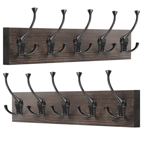 IBosins 2 Pack Vintage Coat Rack Wall Mount, 17" Long with 5 Tri-Hooks | Wall-Mounted Rustic Wood & Metal Coat Hook Rail for Entryway, Living Room, Coat, Jacket, Scarf, Bag, Towel, Hat - color: Old Wood Plate & Black Tri-Hook, size: 2 Item-5 Hooks
