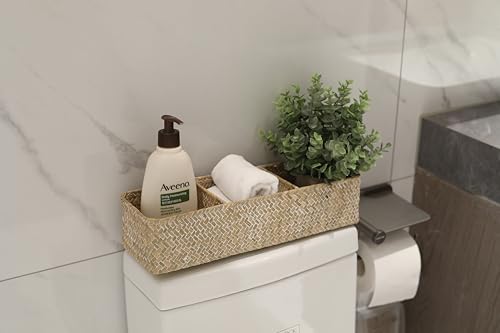 Whitewash Seagrass Storage Basket Woven Shelf Baskets for Bathroom Vanity Dresser Organizer 14.6inch x 4.7inch x 3.1inch - color: 3 Sections without Lid White
