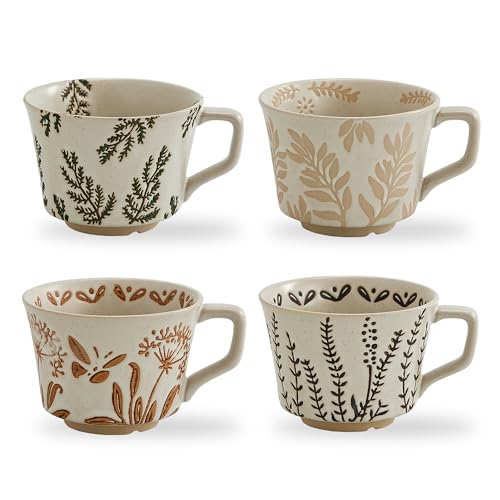 12 oz Vintage Ceramic Coffee Mug Set of 4 - Handmade Stoneware Pottery Countryside Farmhouse Fall Autumn Tea Mugs with Big Handle for Latte,Cocoa,Dishwasher & Microwave Safe Cups (Plants) - color: Plants,Set of 4