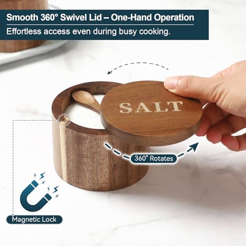 Salt Cellar, Acacia Wood Salt Container with Built-in Spoon & Swivel Lid, Engraved SALT Box, Salt Holder Bowl for Countertop Seasoning Storage - color: Acacia Wood SALT Cellar
