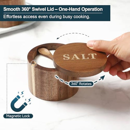 Salt Cellar, Acacia Wood Salt Container with Built-in Spoon & Swivel Lid, Engraved SALT Box, Salt Holder Bowl for Countertop Seasoning Storage - color: Acacia Wood SALT Cellar