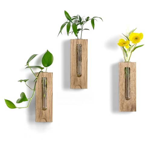 Wood Wall Vase with Glass Tube for Plant Propagation | Wall-Mounted Wood Vase with Borosilicate Glass Tube for Plant Cuttings, Dried Flowers, Eucalyptus and Farmhouse Decor - color: Natural