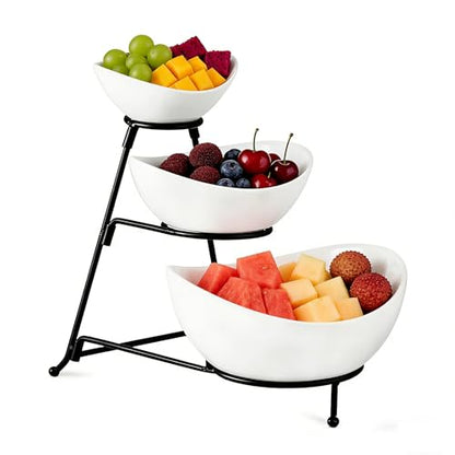 Gomakren 3 Tiered Serving Bowl Set, Chip and Dip Serving Set with Stand | Multi-Capacity Porcelain Bowls Holiday Party Display | Stable Serving Tray, Easy Store | for Fruit Appetizer Entertaining - color: Black Stand