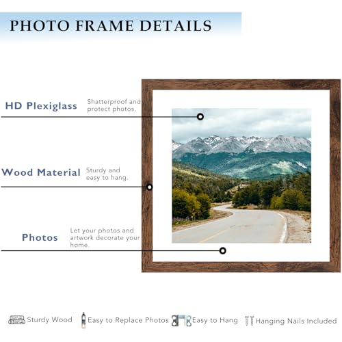 9x9 Picture Frame with 7x7 Mat Deep Brown, Display 7x7 with Mat or 9x9 Without Mat, Wood 9 by 9 Photo Frame, 9 x 9 Frame for Wall Hanging and Tabletop Display, Deep Brown, 3 Pack - size: 9x9 inch