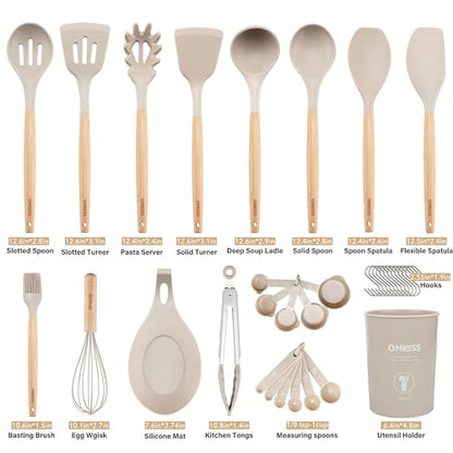 QMVESS Silicone Kitchen Utensils Set, 35 Pcs Non-Stick Cooking Utensils Set, Sturdy Insulation Wooden Handle Kitchen Accessories for Cooking with Spatula Set and Spoons Set Gadgets (Khaki) - color: Khaki