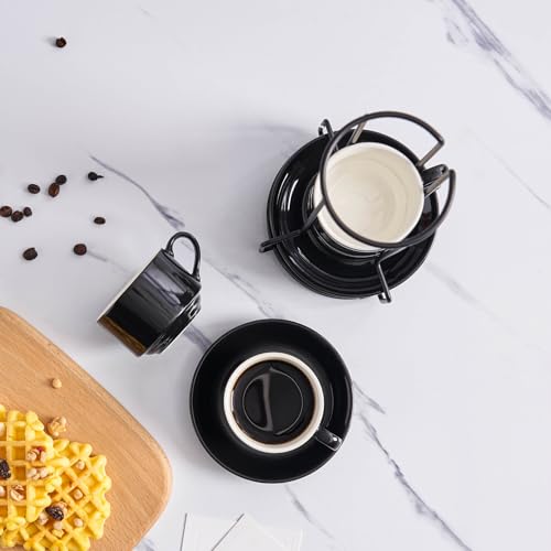 YOLIFE 2.5oz Espresso Cups Set of 4, Porcelain Stackable Espresso Cups, Expresso Shots Cup Set with Saucers and Metal Stand-Black - color: Black, size: 2.5oz