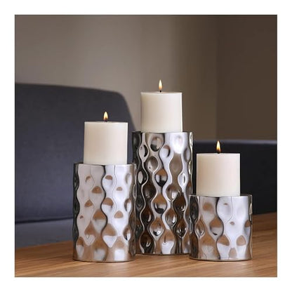 Hosley Silver Color Pillar LED Candle Holders/Vases Set of 3. Also usable as Vase. Ideal Gift for Wedding Party Home SPA Aromatherapy Reiki Candle Garden O3 - size: 3 Count (4" High, 6" High, 8" High)