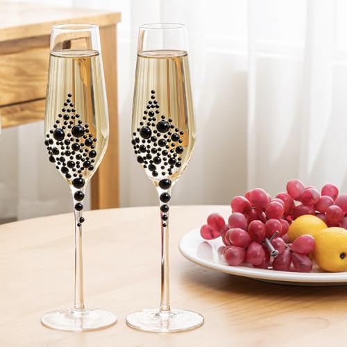 MyGift Champagne Flutes 6 oz, Clear Glass Stemmed Toasting Glasses with Faux Black Pearls – Wedding, Bridal Shower & Bachelorette Party Glassware Set of 4 - color: Black