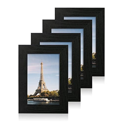 iRahmen 4x6 Picture Frame Set of 4, Black Wooden Frame with High Definition Glass, 4 x 6 Photo Frames for Tabletop Display and Wall Mounting - color: Black Woodgrain, size: 4X6