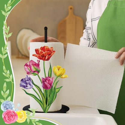 Flower Paper Towel Holder Countertop Tulip Kitchen Decor and Accessories Black Metal Farmhouse Large Tissue Stand Gifts for Women Mom Grandma, 3D Hand Painting Pattern, Weighted Base - style: Tulip