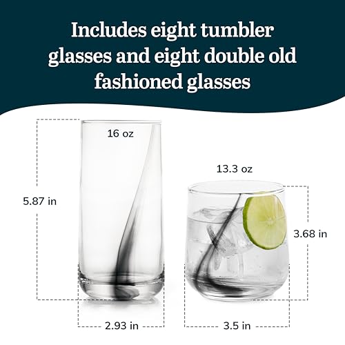 Libbey Ascent Black Ribbon Tumbler and Rocks Drinking Glasses Set of 16, Glass Drinking Glasses with Curvature, Versatile Glassware Set for Daily Use - color: 12 - Ascent Black Ribbon