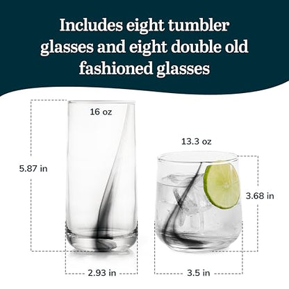 Libbey Ascent Black Ribbon Tumbler and Rocks Drinking Glasses Set of 16, Glass Drinking Glasses with Curvature, Versatile Glassware Set for Daily Use - color: 12 - Ascent Black Ribbon