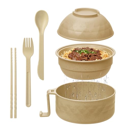 Ramen Cooker,32oz Ramen Bowl Set,Microwave Ramen Bowl, Microwave Bowl with Lid, Portable Noodle Bowls,for Home Office Dorm Room College gift (Khaki) - color: Khaki