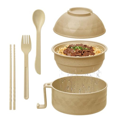 Ramen Cooker,32oz Ramen Bowl Set,Microwave Ramen Bowl, Microwave Bowl with Lid, Portable Noodle Bowls,for Home Office Dorm Room College gift (Khaki) - color: Khaki