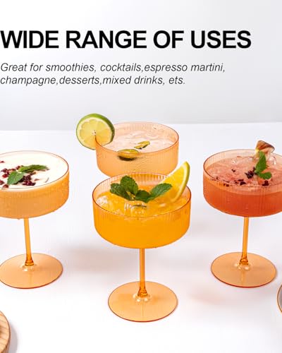 Ciaell 12 Pack Amber Plastic Martini Glasses for Bars Parties | 10 oz Amber Ribbed Coupe Cups, Heavy Duty Plastic, Cocktails Whiskey Margaritas Wine for Weddings Outdoor Gatherings Brunch - color: Amber